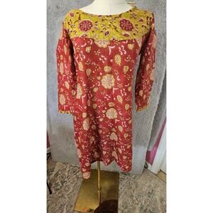 Melange Floral Boho Hippie Cottagecore Prairie‎ Beaded Emb Light Cotton Dress M